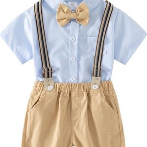 Kids Striped Shirt Matching Set With Shorts, Suspenders, And Tie - NWT
